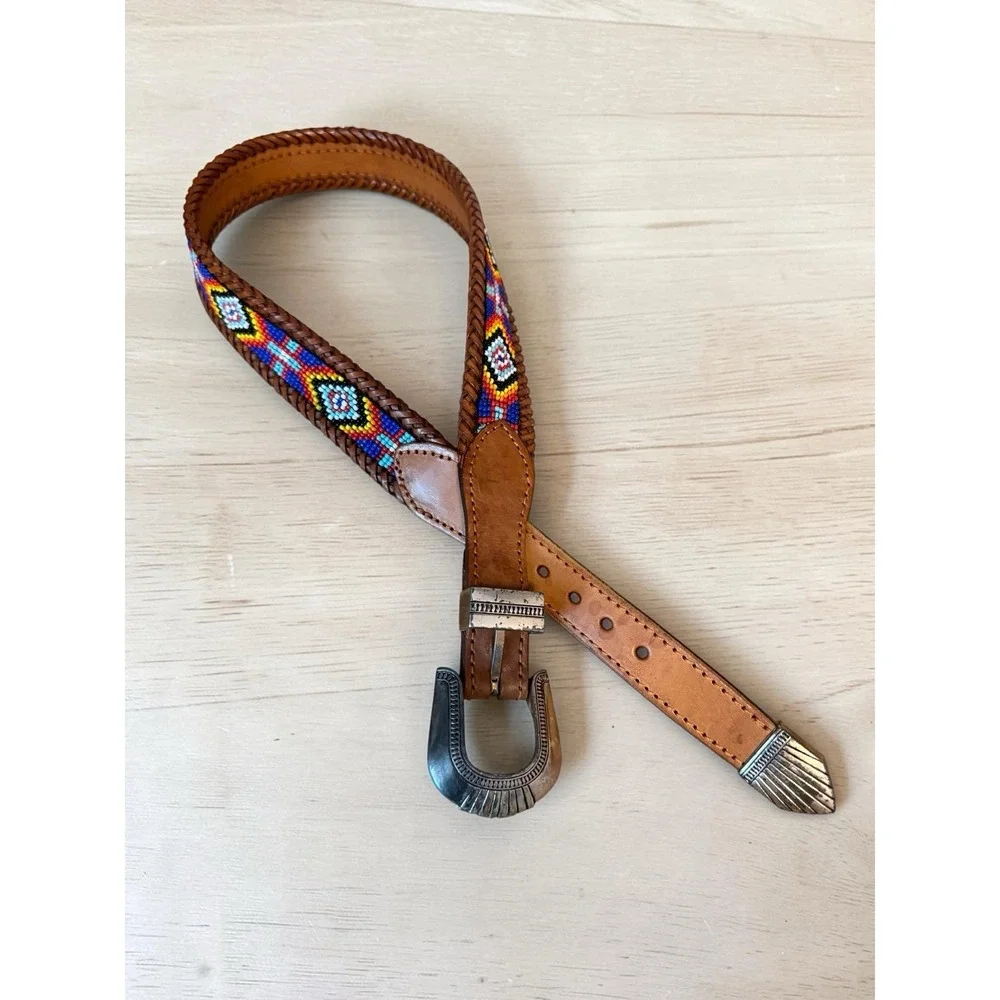 Vintage 1991 Southwestern Beaded Leather Belt Size 26 Western Horseshoe Buckle